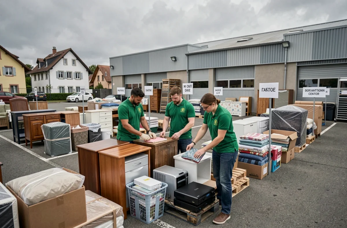 Équipe des Compagnons Débarrasseurs triant des objets et meubles dans un centre de tri alsacien