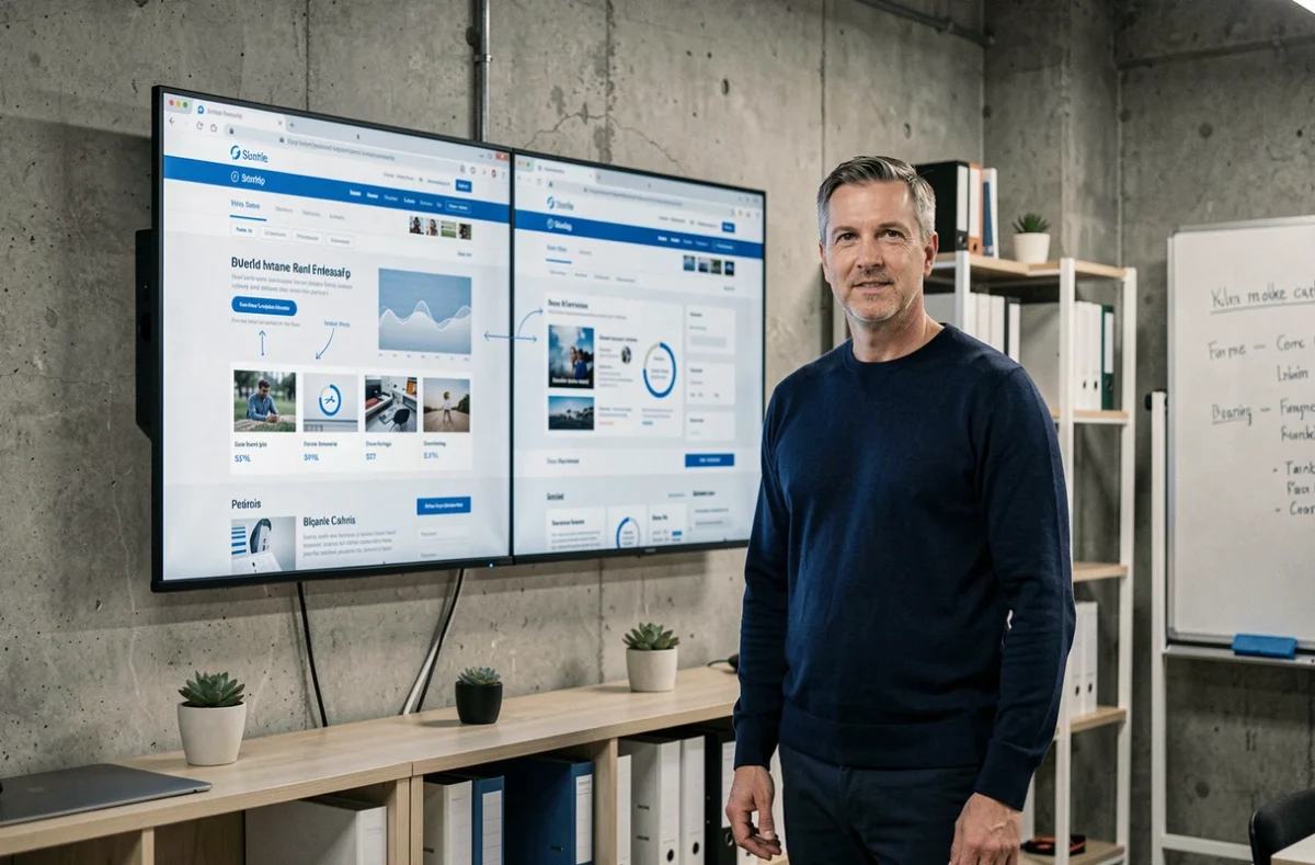 Un homme en pull marine comparant deux versions du site Epsilon Scan sur un grand écran mural dans un espace de travail tech