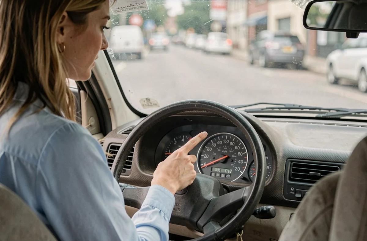 Femme pointant un compteur de vitesse affichant mph et km/h dans un habitacle de voiture