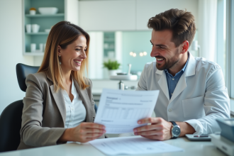 Dentiste et patiente souriants lors d'une consultation dentaire