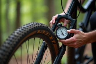 Personne vérifiant la pression d'un pneu de VTT avec un manomètre