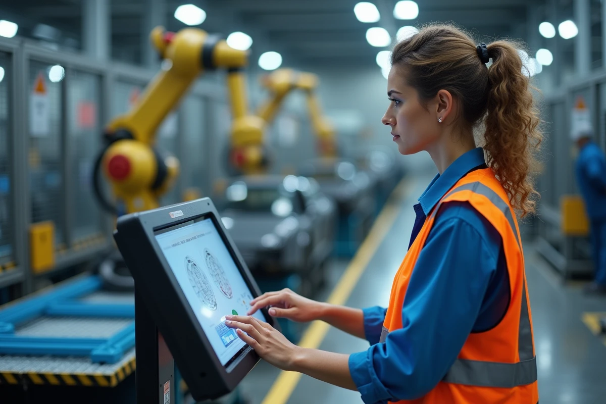 Jeune femme surveillant une ligne de production automobile