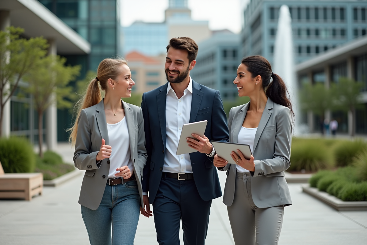 Trois entrepreneurs discutant dans une place d