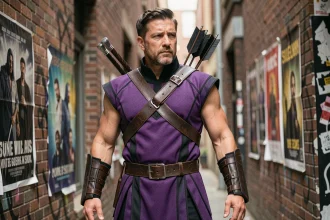 Cosplayeur en costume d'archer inspiré de Hawkeye Marvel Comics dans une ruelle urbaine, comparaison version comics et MCU