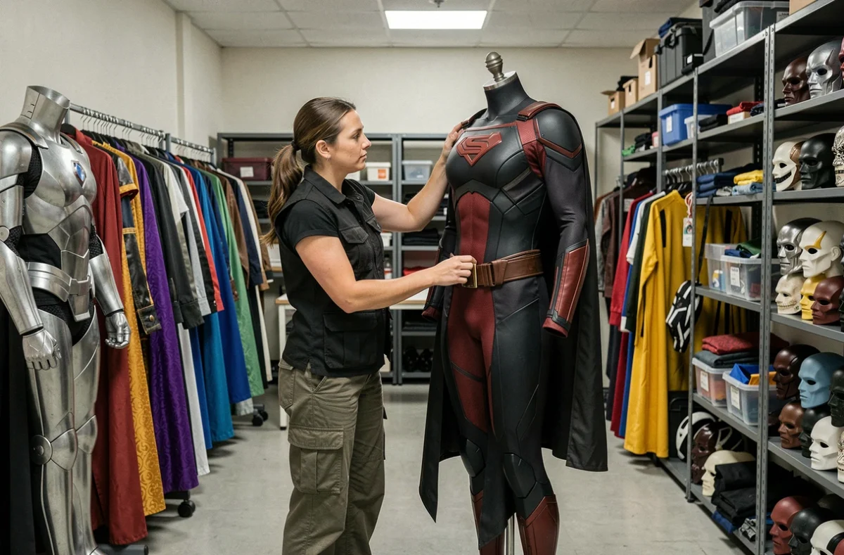 Technicienne de cinéma ajustant un costume de super-héros dans le département costumes d'un studio de film