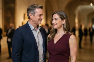 Couple discret et élégant lors d'une soirée culturelle, l'homme en blazer marine soutenant discrètement sa partenaire en robe bordeaux