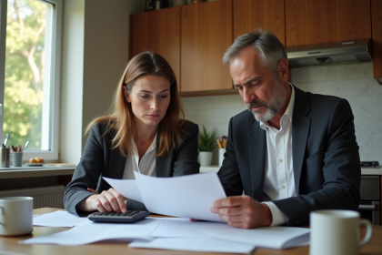 Couple d'adultes examinant des documents fiscaux à la maison
