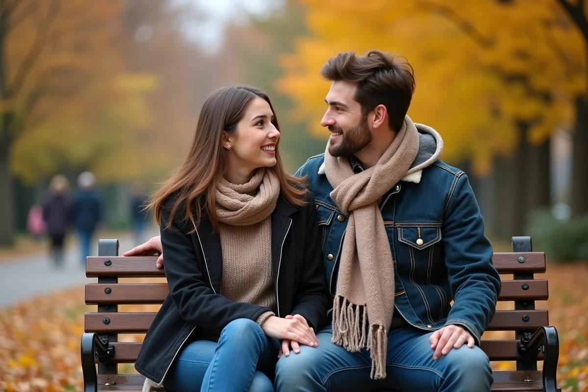 Jeune couple assis sur un banc dans un parc automnal