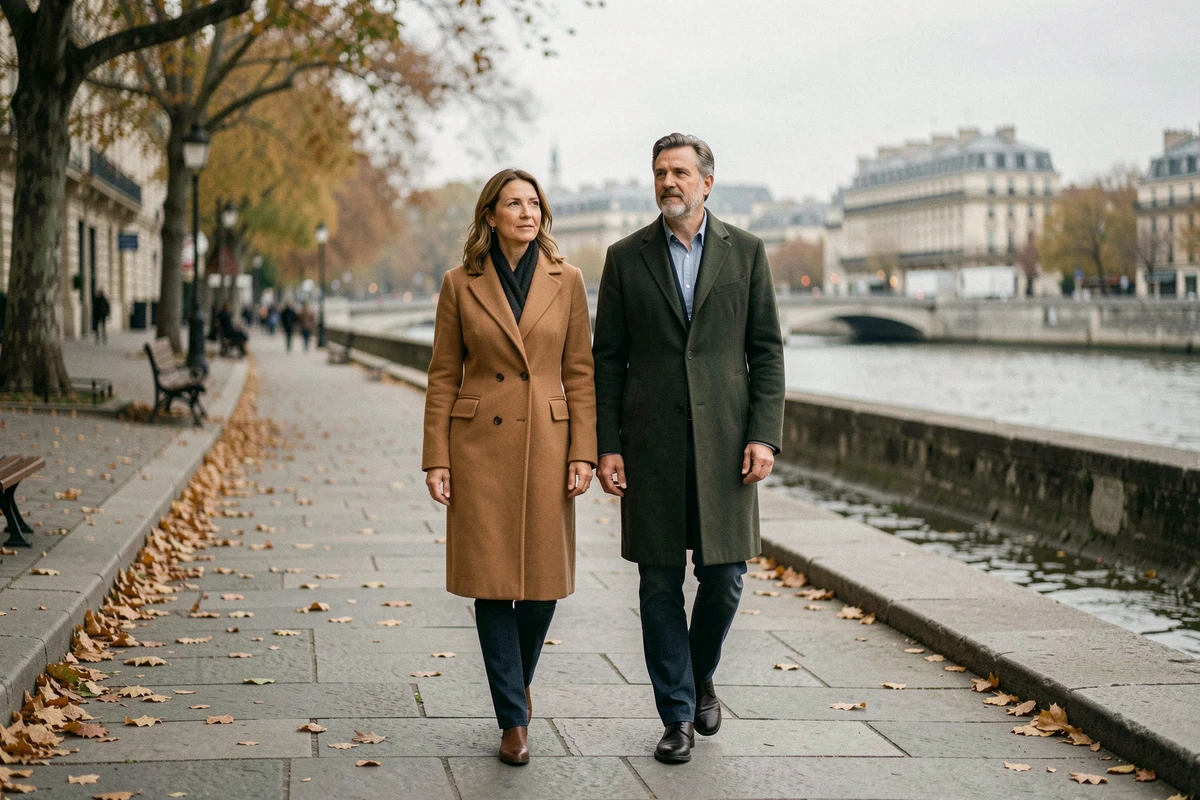 Couple complice se promenant le long de la Seine à Paris en automne, illustrant une relation discrète et équilibrée loin des projecteurs
