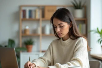 Jeune femme créatrice de contenu travaillant sur son ordinateur portable dans un bureau à domicile moderne, illustrant la stratégie de tunnel d'abonnés sur les réseaux sociaux