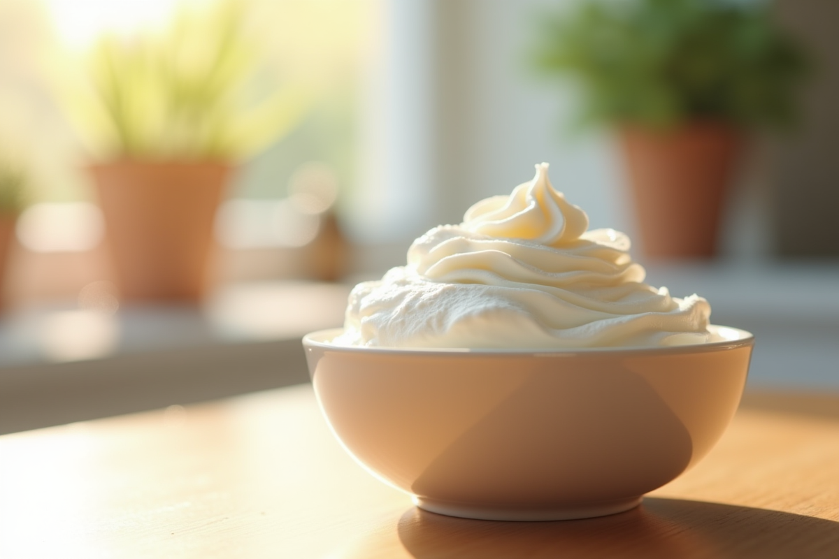 Crème fouettée fraîche dans un bol en bois clair sur une table en bois lumineux