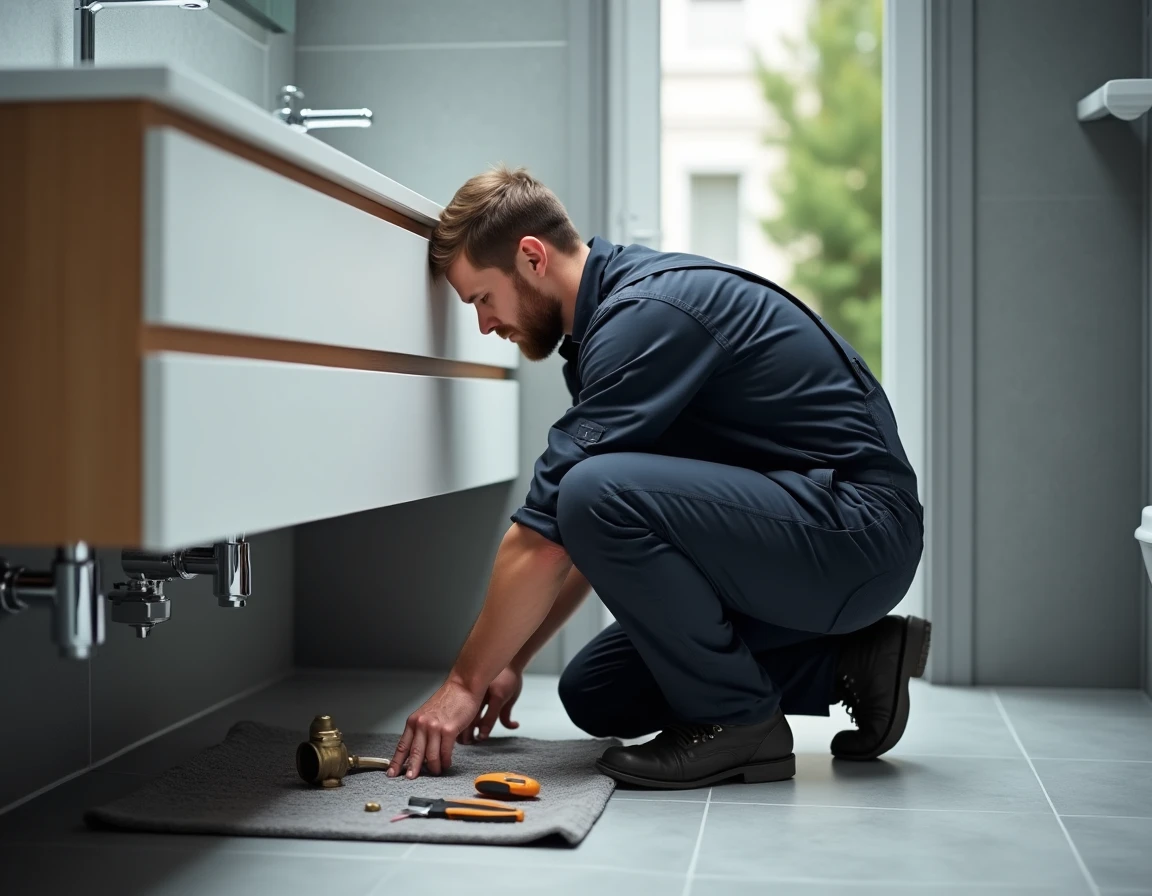Plombier sanitaire connectant des tuyaux sous un meuble vasque dans un appartement à Lons-le-Saunier