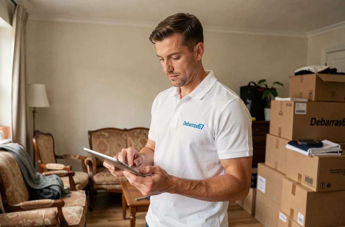 Professionnel de Debarras67.fr consultant une tablette lors d'une estimation de débarras dans un appartement