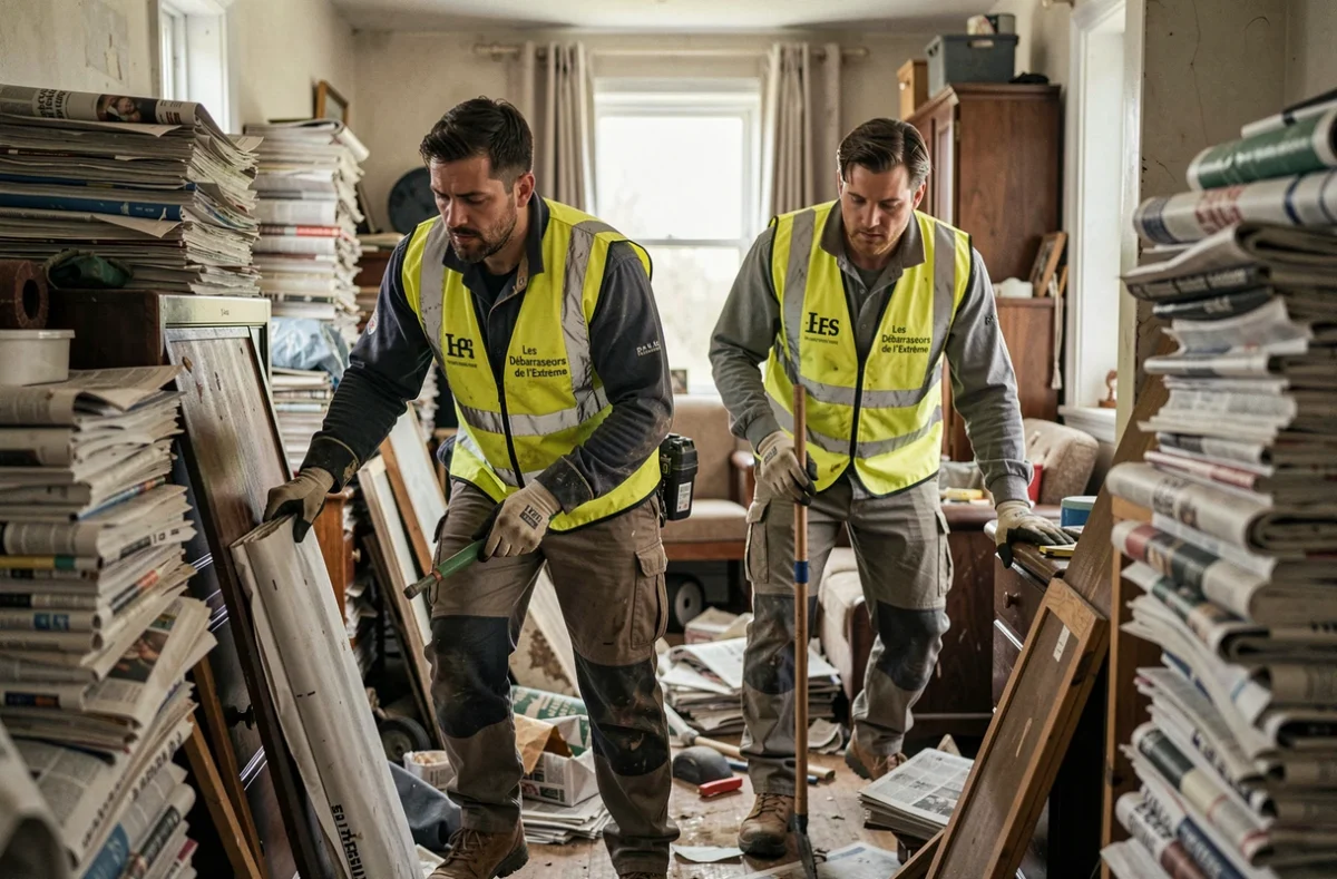 Deux débarrasseurs en équipement de protection travaillant dans un logement encombré pour Les Débarrasseurs de l'Extrême