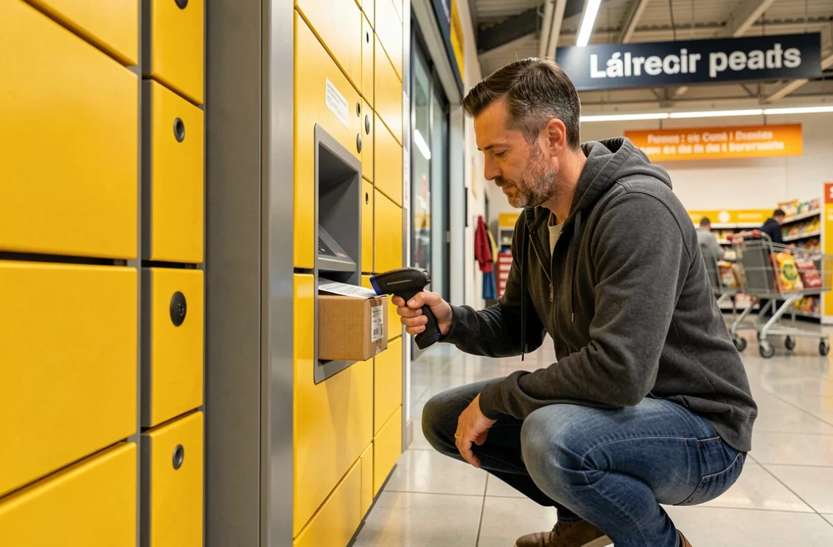 Homme déposant un colis dans un casier automatique en supermarché avec une étiquette imprimée