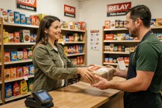 Femme déposant un colis dans un point relais Mondial Relay pour un envoi mondial