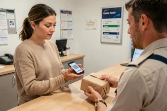 Femme déposant un colis Vinted au bureau de poste en présentant un QR code sur son téléphone