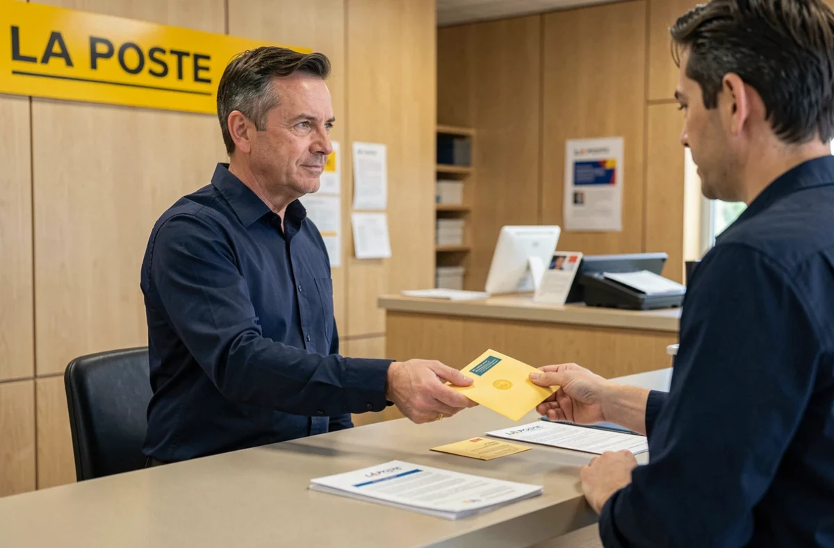 Homme déposant une enveloppe avec le code postal de Montpellier au guichet d'un bureau de poste