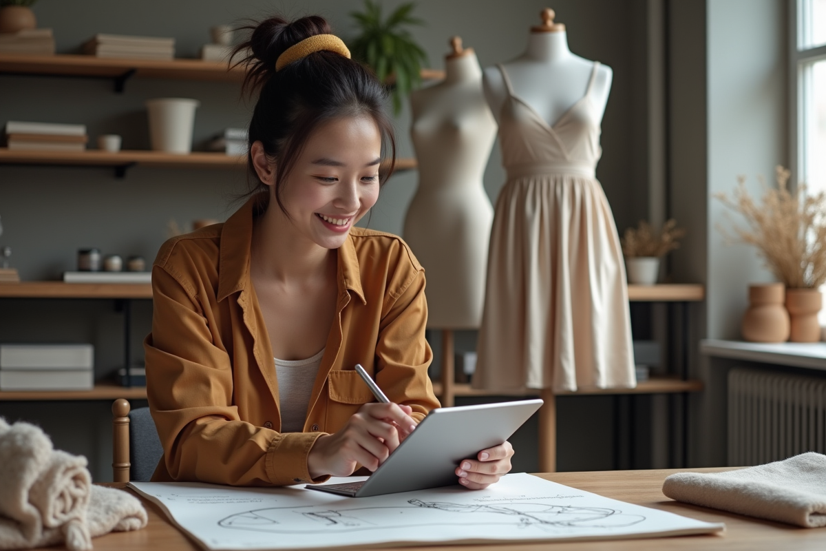 Jeune designer femme ajustant un croquis digital dans un studio écologique