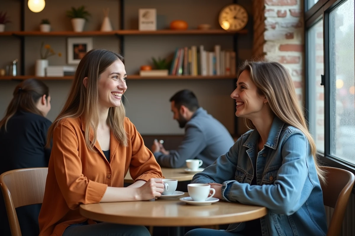Deux femmes en discussion sincère dans un café, représentant le rétablissement de la confiance et la reconstruction après une trahison