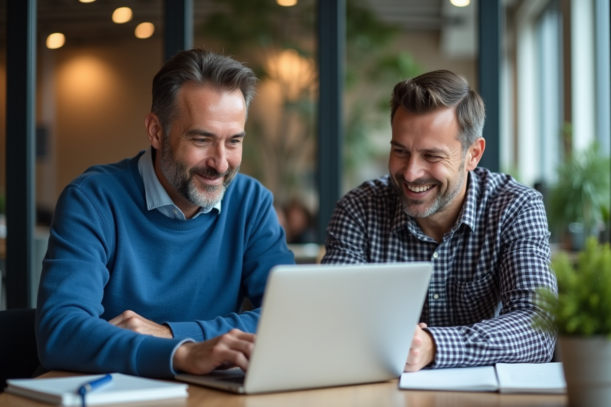 Deux hommes discutant devant un ordinateur dans un espace de coworking