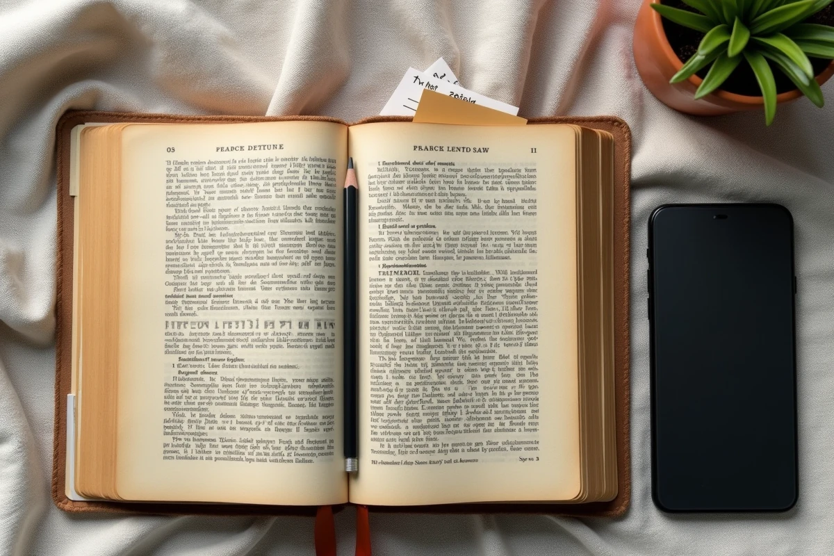 Vue de dessus d'un dictionnaire français ancien ouvert posé à côté d'un smartphone affichant un glossaire numérique moderne, symbolisant le débat sur l'évolution des termes techniques
