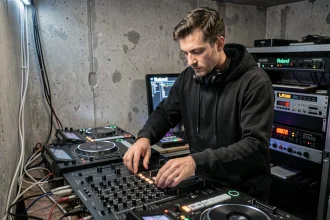 DJ concentré sur un setup de synthétiseurs analogiques et une boîte à basse acid TB-303 dans un studio techno underground en béton brut