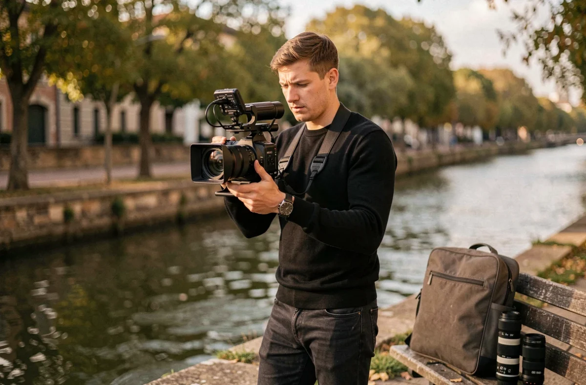 Photographe vidéaste Dorian Brito filmant en extérieur au bord du Canal du Midi à Toulouse avec une caméra cinéma sur épaule