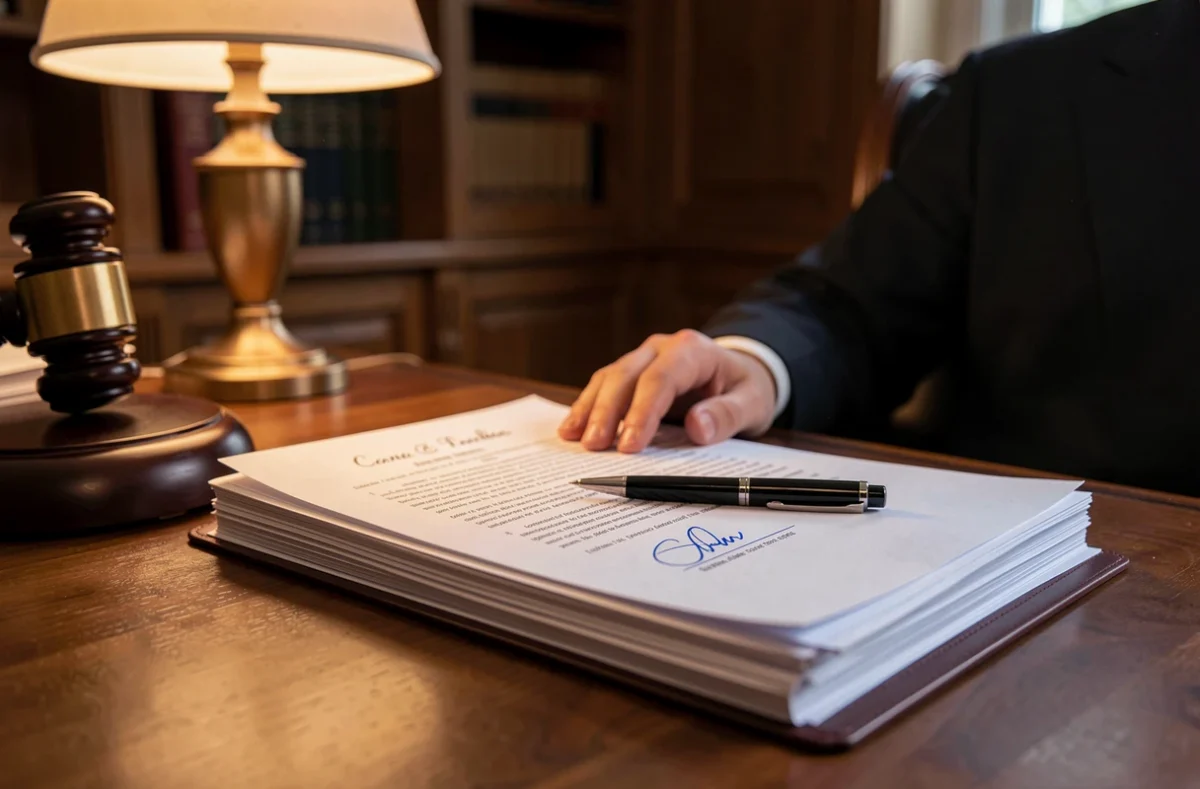 Dossier de documents juridiques signés sur un bureau d'avocat