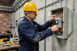 Électricien professionnel inspectant un tableau électrique dans un bâtiment industriel à Saint-Étienne