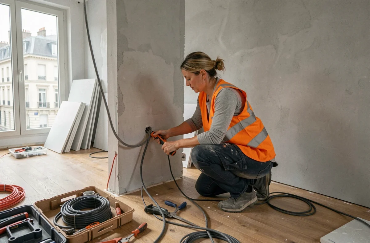 Électricienne en intervention dans un appartement en rénovation à Saint-Étienne