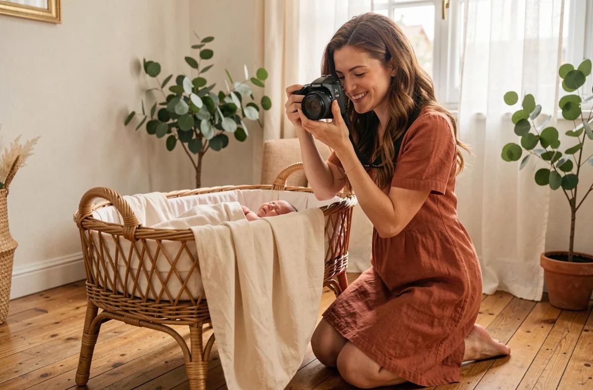 Photographe Emilie Colusso en pleine séance nouveau-né dans un intérieur chaleureux à Toulouse, agenouillée près d'un berceau en osier