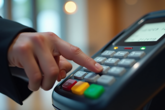 Main entrant un code PIN sur un terminal de paiement lumineux
