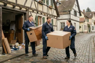 Équipe de débarras professionnelle devant une maison alsacienne à colombages dans le Bas-Rhin