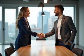 Deux professionnels se serrant la main dans un bureau moderne