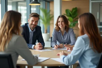 Groupe de collaborateurs en réunion dans un bureau lumineux