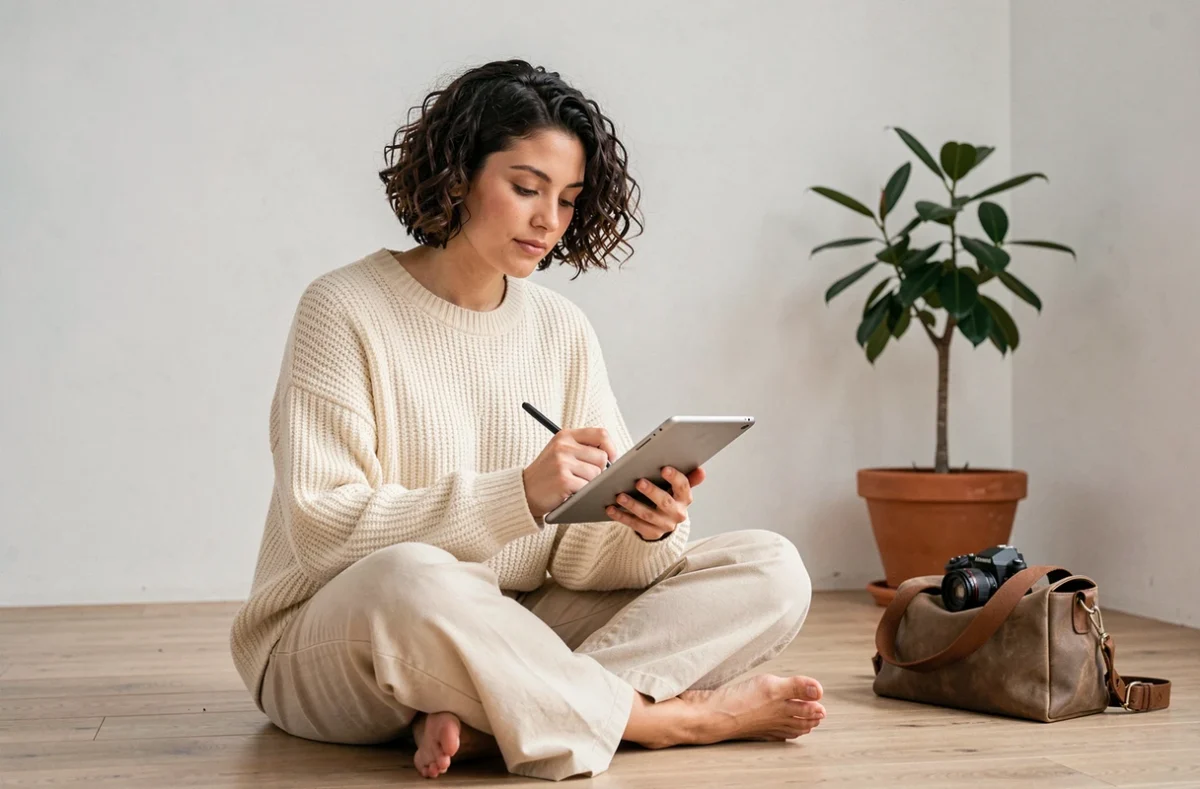 Photographe Esther Joly assise par terre dans un studio minimaliste à Toulouse retouchant des photos sur une tablette graphique