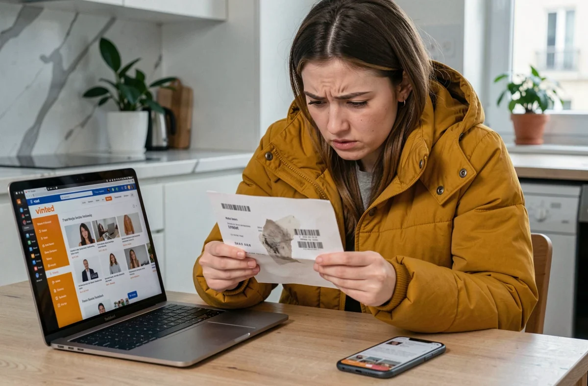 Jeune femme à la maison inspectant une étiquette Vinted illisible avec son ordinateur et son téléphone ouverts