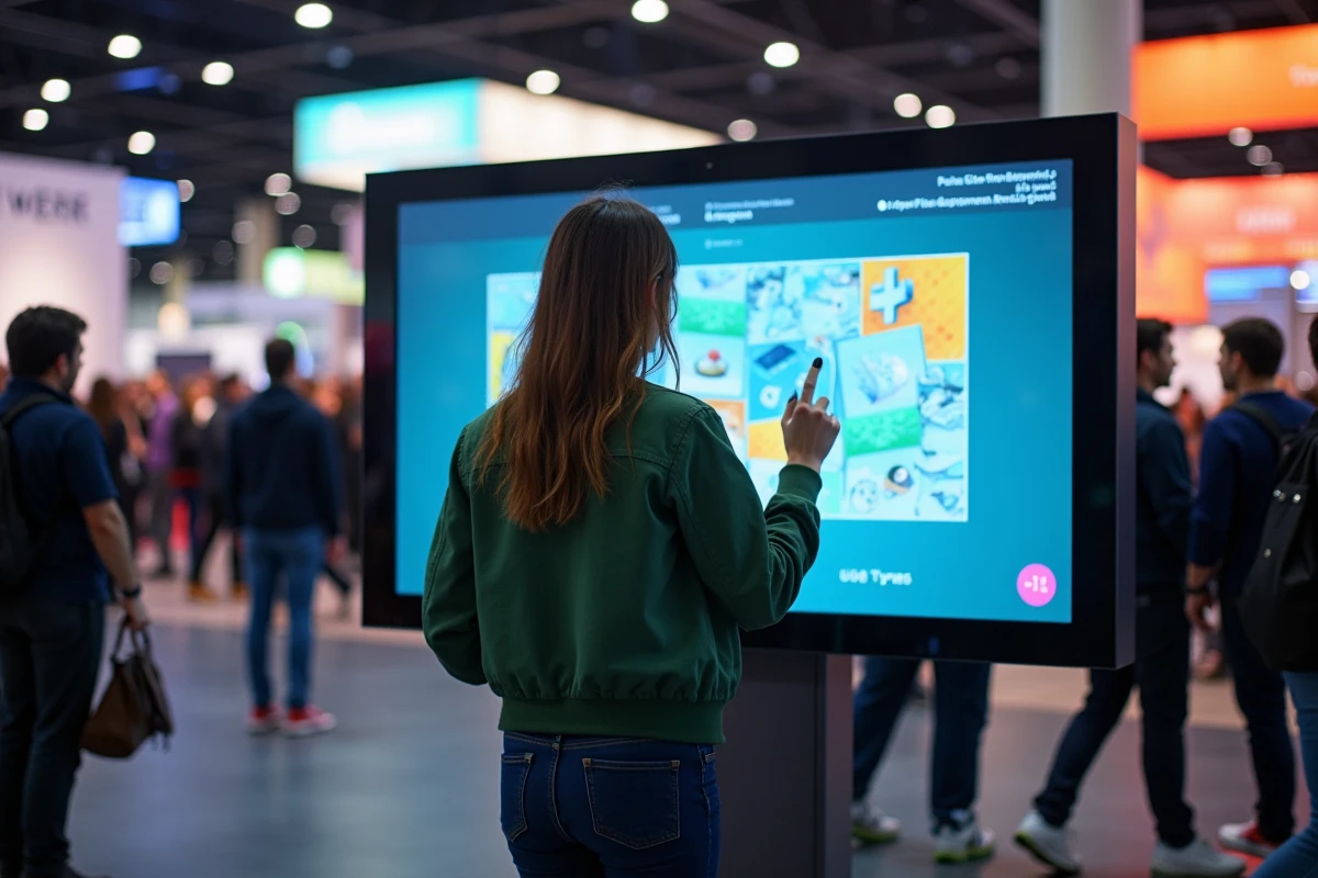 Femme pointant les faiblesses du type Dragon sur un écran interactif lors d'un salon de jeux vidéo
