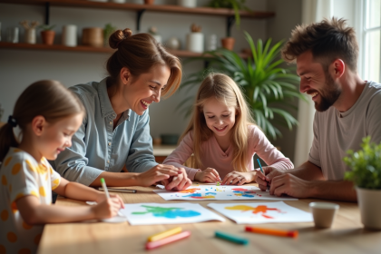 Famille souriante faisant du bricolage en cuisine
