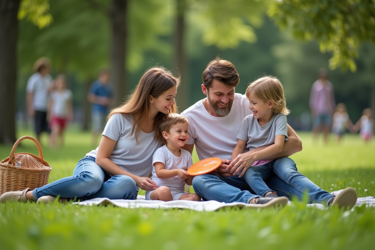 Famille jouant avec un frisbee dans un parc en plein air
