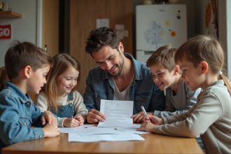 Famille de cinq autour d'une table examinant des factures
