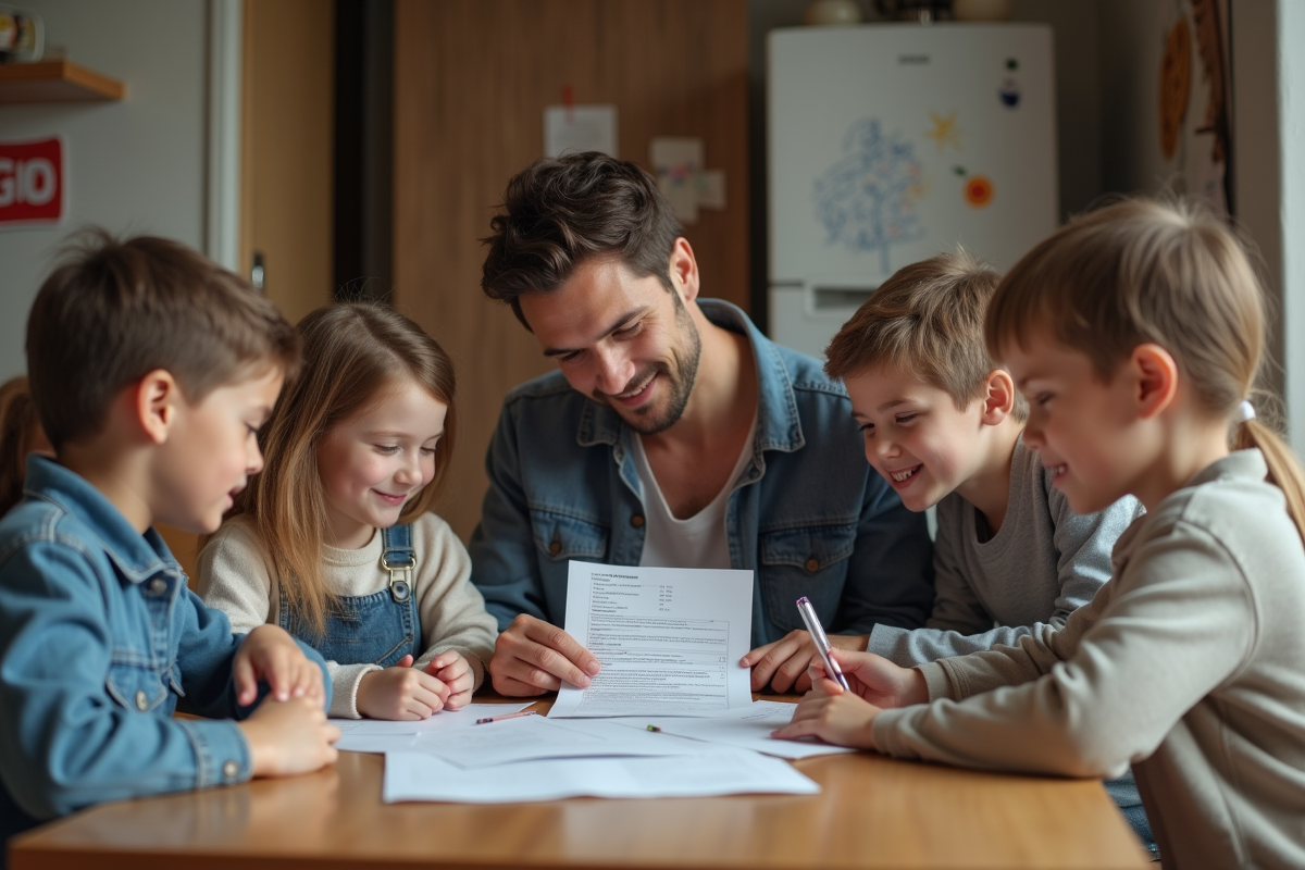 Famille de cinq autour d'une table examinant des factures