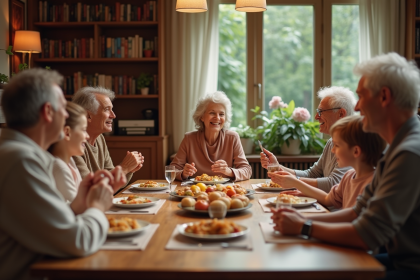 Famille multigenerational autour d'une table en bois chaleureuse