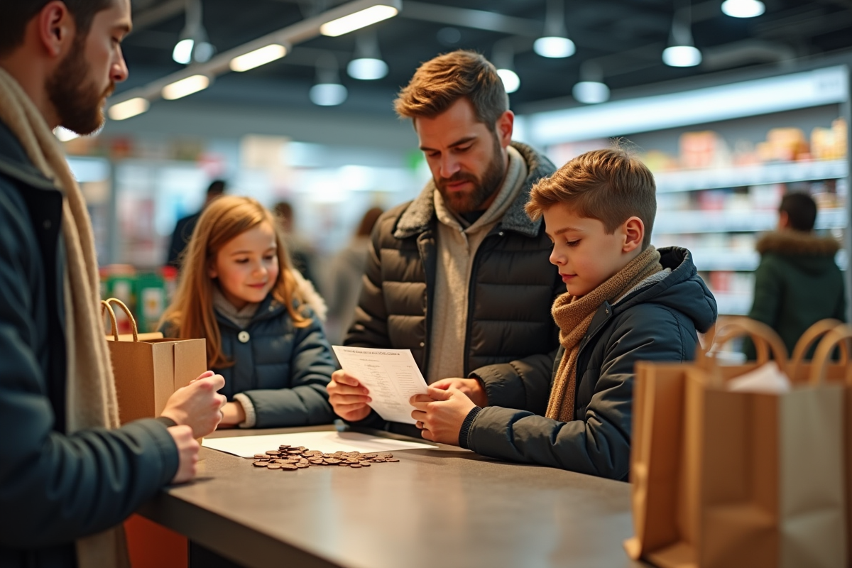 Père et enfants faisant leurs courses au supermarché