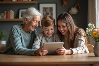 Trois générations souriantes lors d'un appel vidéo familial