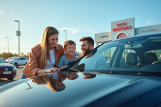 Famille souriante inspectant une voiture d'occasion au concessionnaire