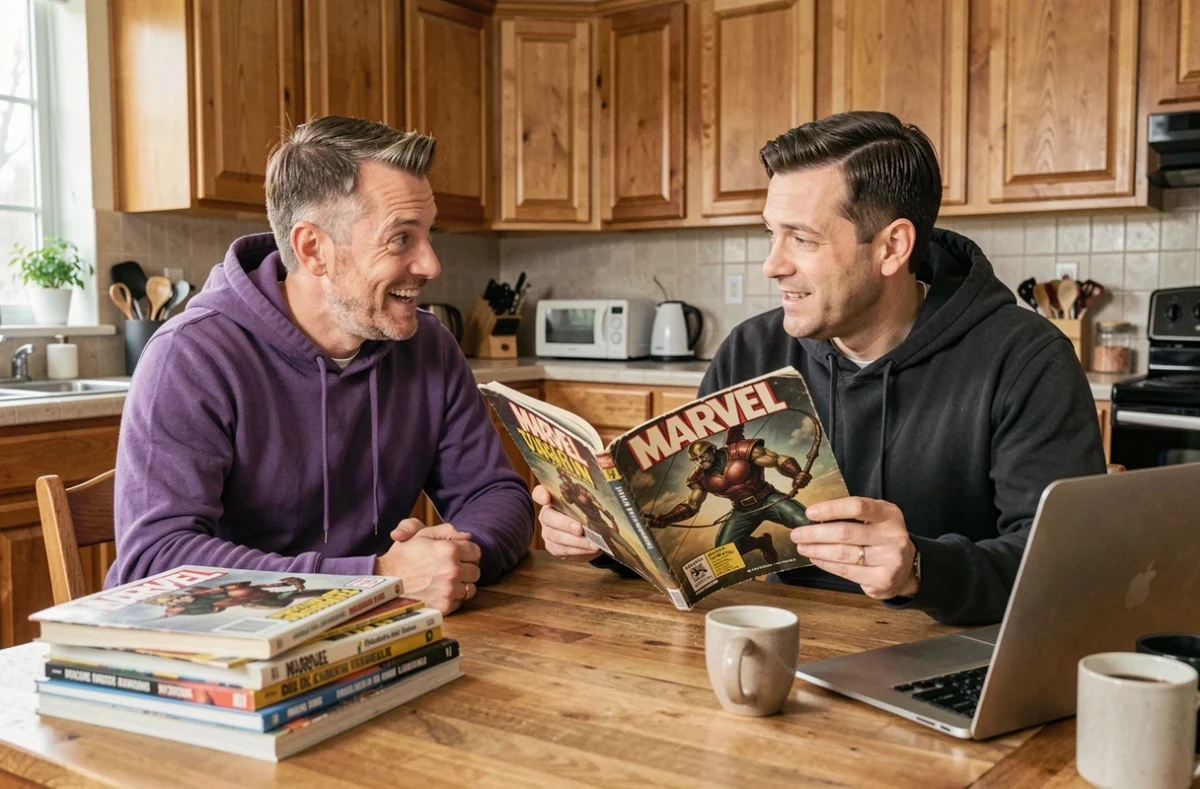 Deux fans de Marvel discutant des différences entre Hawkeye Barton en version comics et dans le MCU autour d'une table