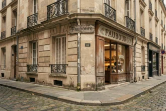 Rue pavée d'un faubourg parisien historique avec façades en pierre de taille et enseigne ancienne évoquant l'histoire du quartier