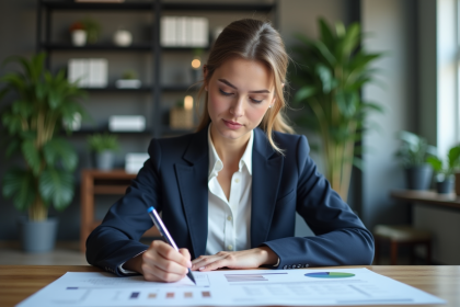 Femme d'affaires en train d'analyser des documents financiers